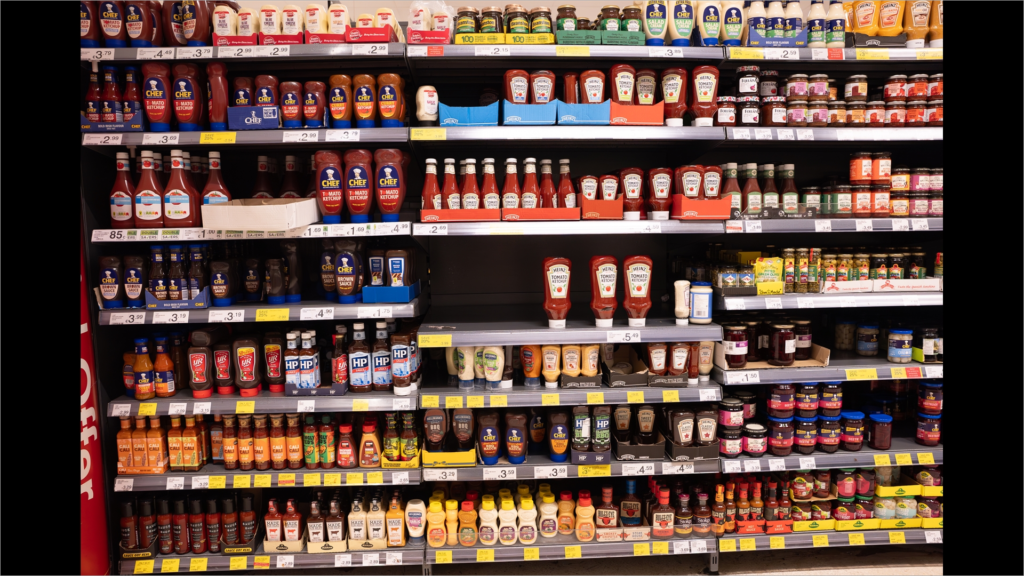 An image of the condiment isle with a distinct empty space surrounding Heinz brand ketchup